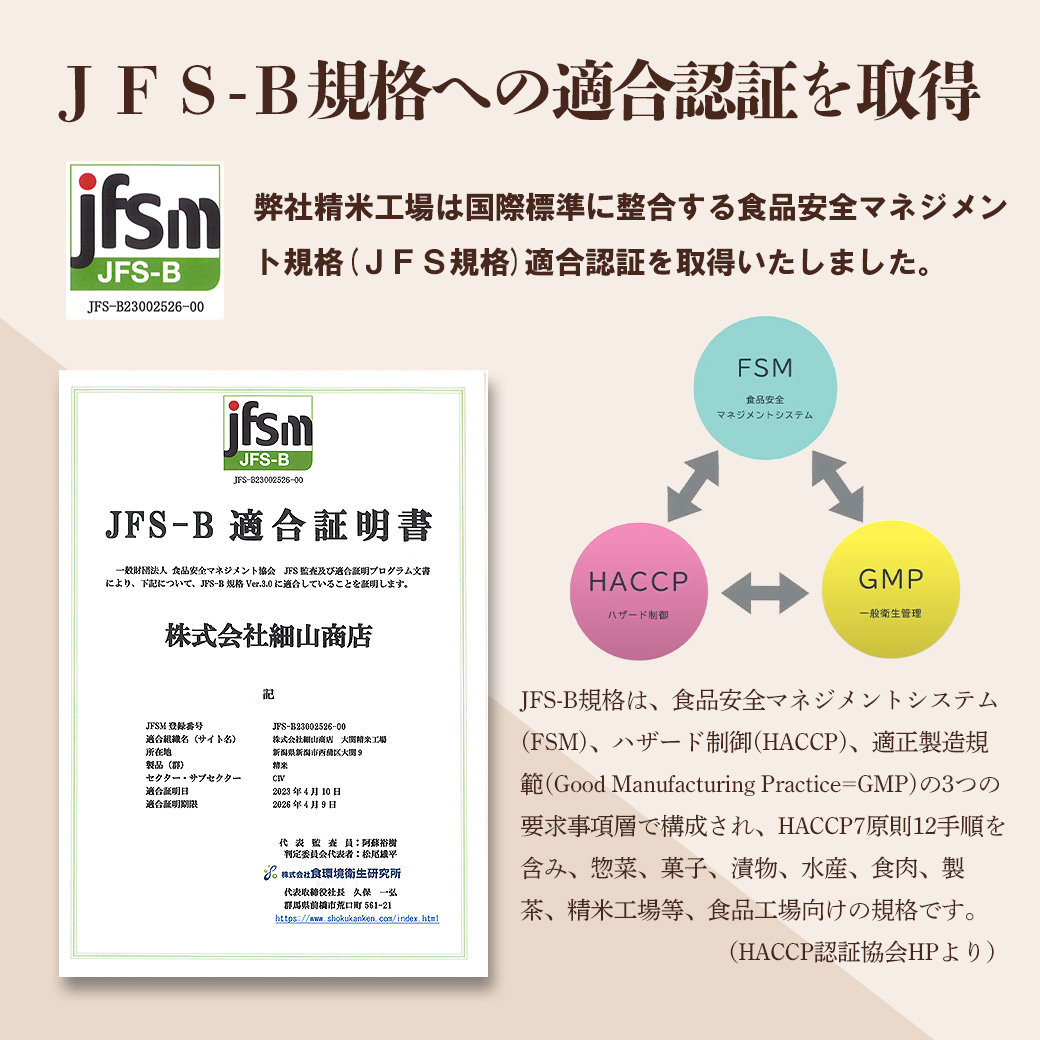 弊社精米所においてJFS-B規格適合認定を取得しました